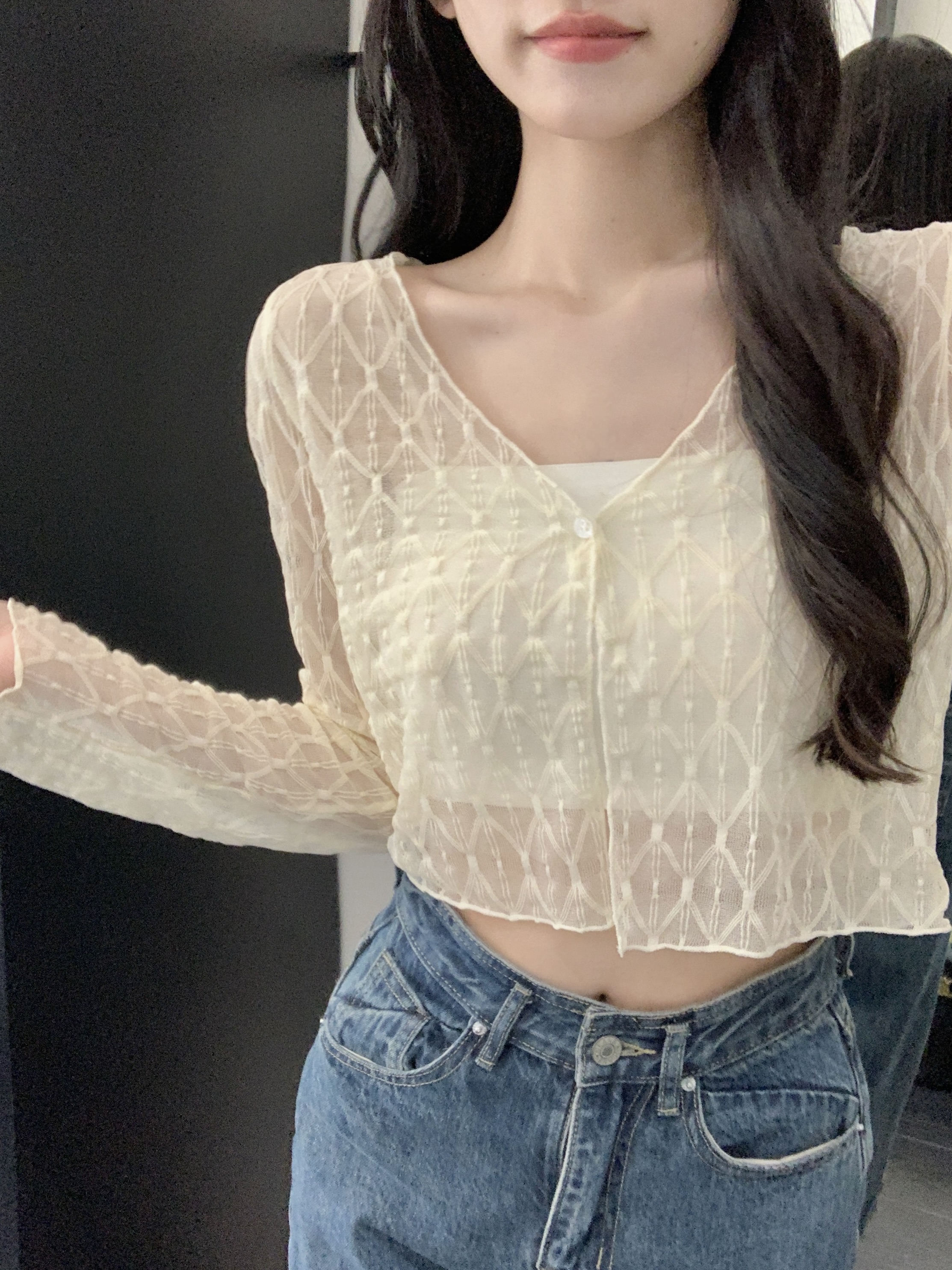 Real shot real price Korean version of the French niche chic short v-neck all-match hollow cardigan jacket women
