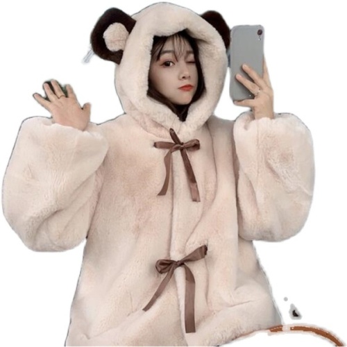 Soft girl Plush coat girl cute fall / winter 2020 new hooded bear ear thickened imitation rabbit fur fur coat