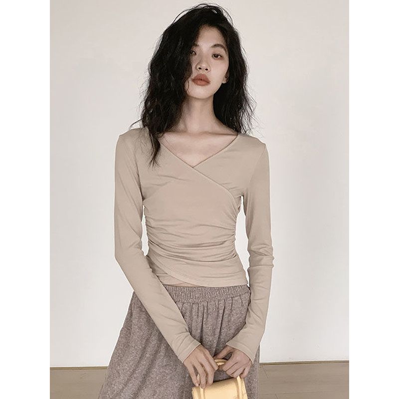 Spot design cross V-neck long-sleeved slim all-purpose bottoming shirt T-shirt for women autumn new versatile top