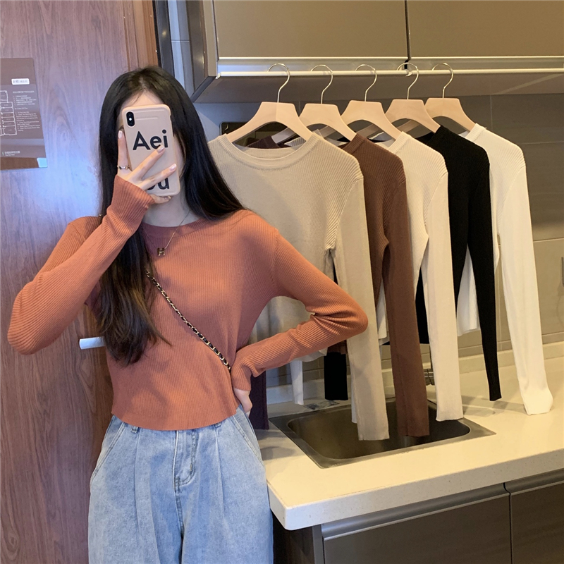 Real price slimming round neck Pullover long sleeve knitted bottomed shirt T-shirt women's sweater
