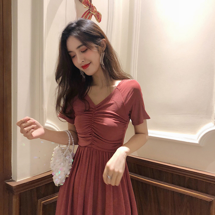 Spring and summer new Korean style retro collar shows thin fold medium long short sleeve slim Fairy Dress