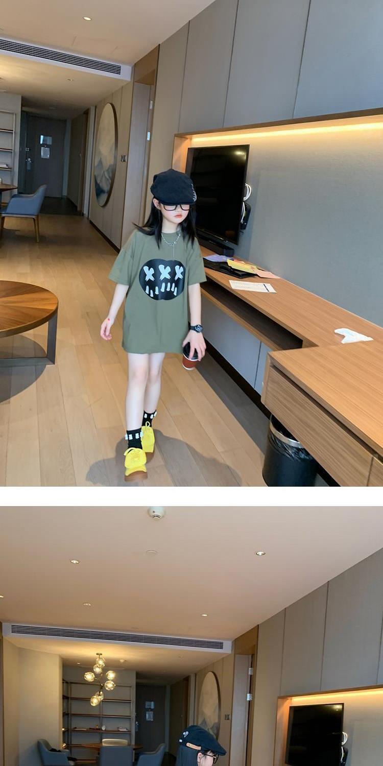 Girls T-shirt skirt 2023 summer new print short-sleeved mid-length children's personality casual trendy top