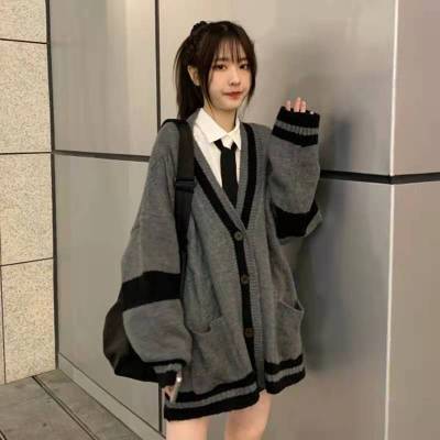 Autumn and winter 2021 new Korean retro loose V-Neck Sweater Coat female student slim knitted cardigan