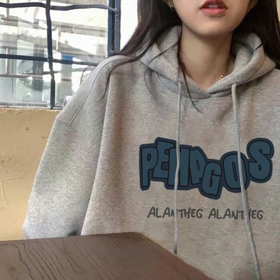 Autumn and winter ins hooded sweater female student Korean version plus velvet thickening loose Harajuku BF Hong Kong style all-match thin coat