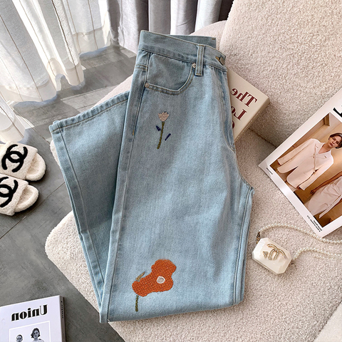 High street light blue flower embroidered jeans men and women's summer fashion brand loose and thin straight wide leg pants