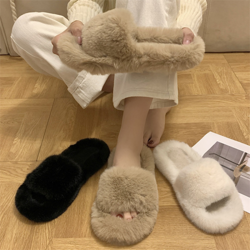 Real shot is not reduced, plush slippers, women's fashion, autumn and winter, new flat bottom, comfortable home, one word floor cotton shoes