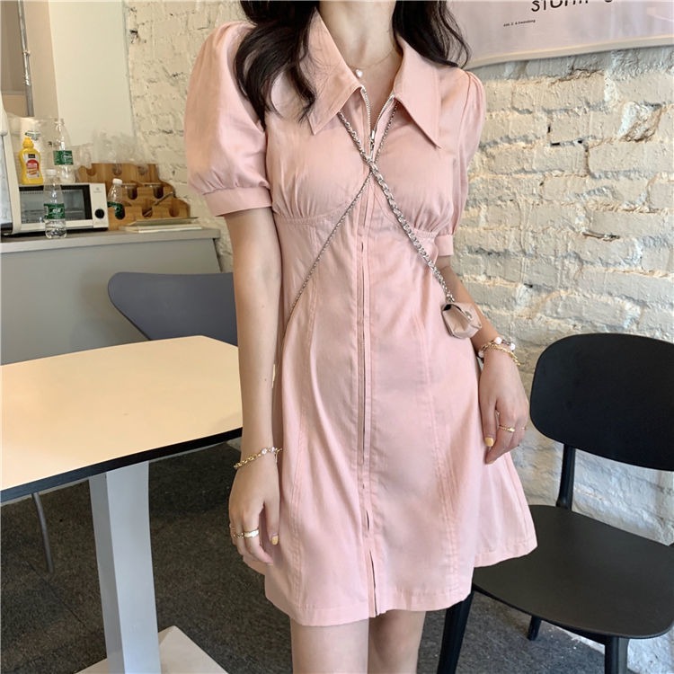 2022 new spring dress design sense of minority polo collar bubble sleeve pink shirt dress children's summer dress