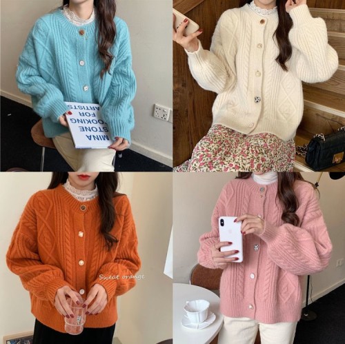 Autumn and winter Korean sweater coat lazy women retro Lantern Sleeve candy color fried dough twist loose knit cardigan women