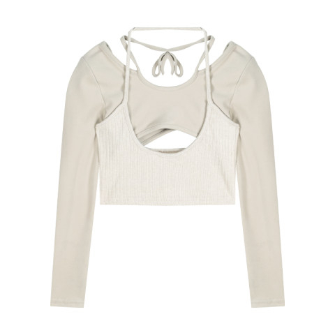 Fake two-piece hanging neck T-shirt women's spring and summer 2022 new style slimming short bottoming shirt long-sleeved top