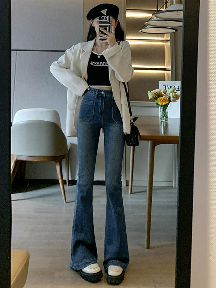 Black label quality non-real shot high waist retro slim jeans women slim wide leg micro flared pants