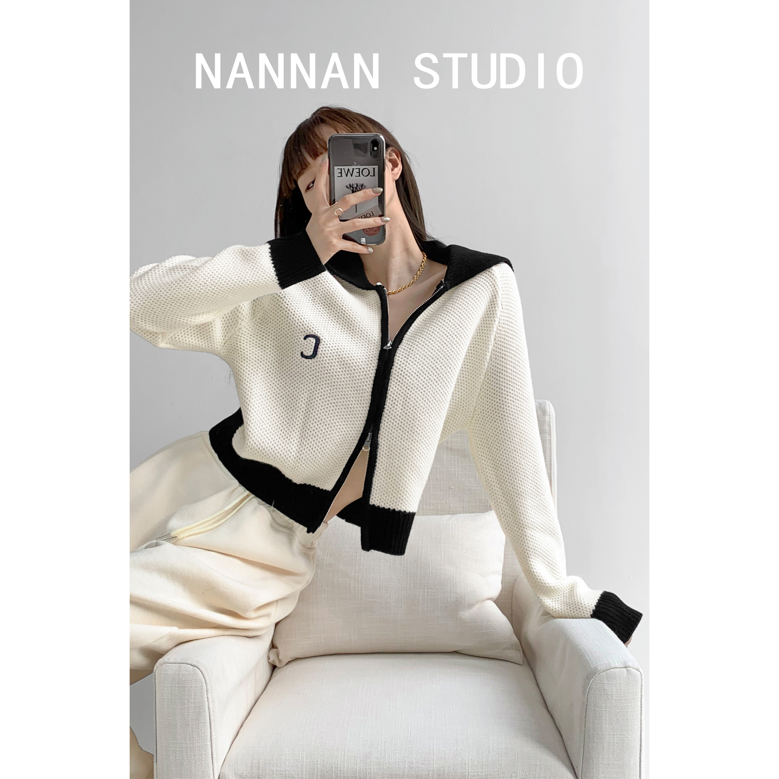 Zhang Xiaonan NANNAN sweet and cool hot girl style age-reducing hit color knitted cardigan female retro lapel sweater letter embroidery