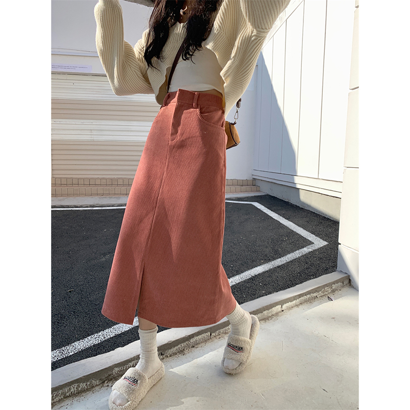 Corduroy skirt autumn 2022 new high waist fashion a-line skirt slit with sweater mid-length skirt women's clothing