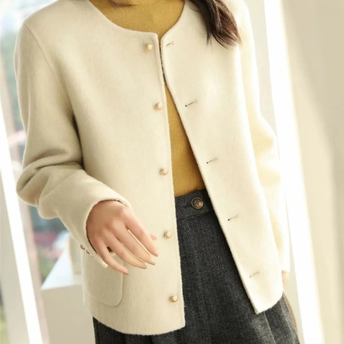 Women's Short-Sleeve Wool Coat with a High-End Feel, Dual-Side Design, Fall/Winter New Arrival, Chanel-Style Single-Breasted Wool Coat
