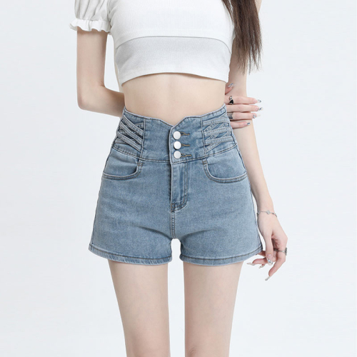 Niche hot girl denim shorts women's cross new style high-waisted A-line belly-control design straight denim hot pants