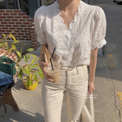 Design sense Vintage sweet lace collar short sleeve pullover shirt women's short top