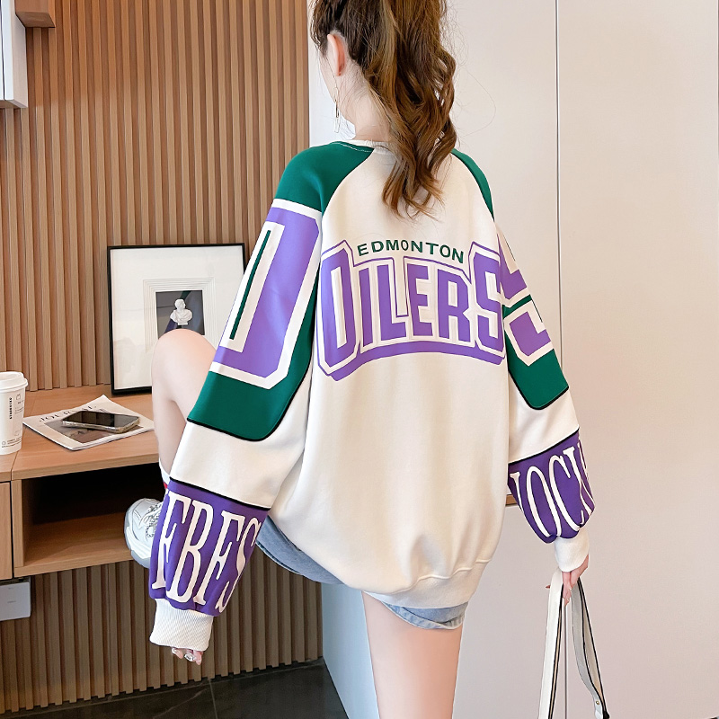 Real shot 280g twill 100 polyester fiber contrast color stitching loose thin round neck sweater women