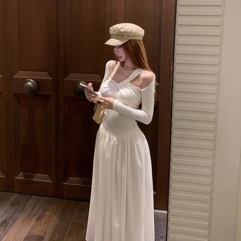 Photographed Cool Art Student Design-Savvy Hollow Knit Patchwork Dress Elegant Long Skirt