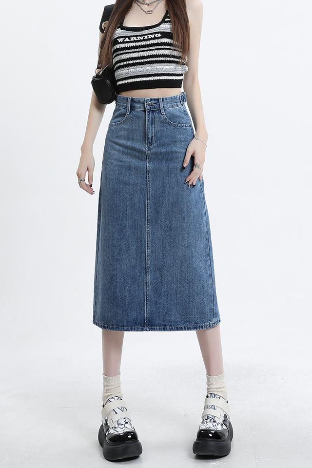 Real shot of high waist slit denim skirt for women new spring and autumn mid-length crotch-covering A-line skirt for small people to cover hips