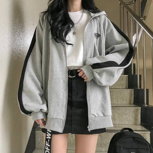 Spring and autumn new style yuansufeng women's hooded split cardigan student sports long sleeve coat grey top