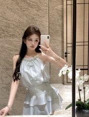 Shot Diamond Bow Neck Top + Cake Skirt Set