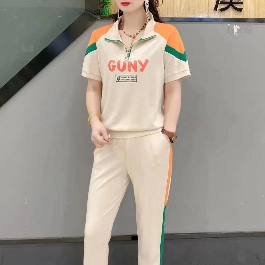 Leisure sports suit women's 2022 spring new letter printing foreign style Joker slim vests pants