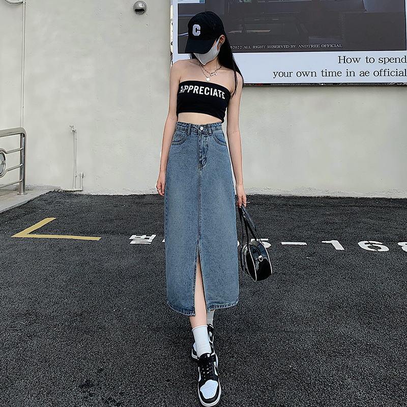 High quality retro split skirt women's summer women's high waist A-line medium length Hip Wrap denim skirt