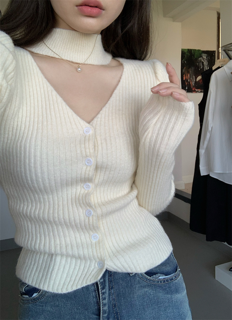 Design pure desire hanging neck hollow single-breasted sweater cardigan puff sleeve elastic knitted top