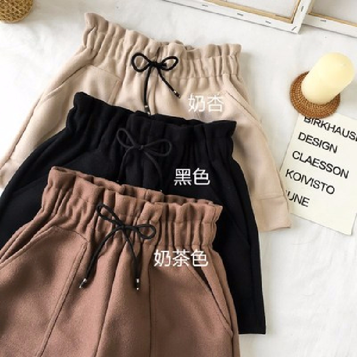Thickened woolen shorts hot female Korean version loose straight wide leg pants high waist casual pants autumn and winter