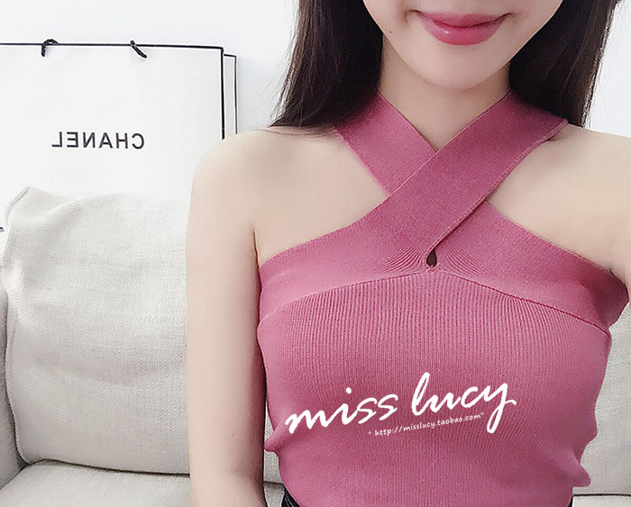 Korean fashion sexy foreign style cross hanging neck off shoulder sleeveless versatile knitted slim suspender vest