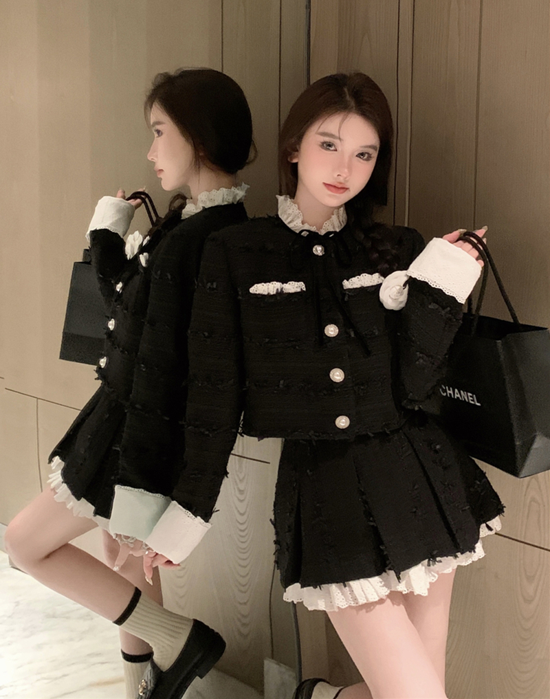 Real shot autumn sexy small fragrance lace stitching woven woolen coat with shoulder pads + high waist skirt women