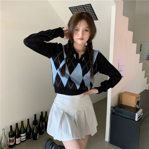 Real auction real price British college style diamond color matching V-neck knitted long-sleeved top