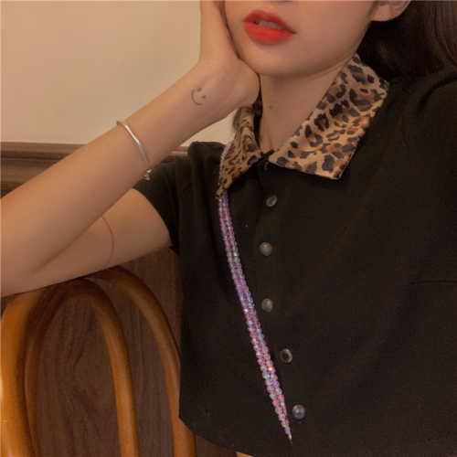Actual photo ~ leopard print Lapel short T-shirt + high waist lace leopard print A-line skirt