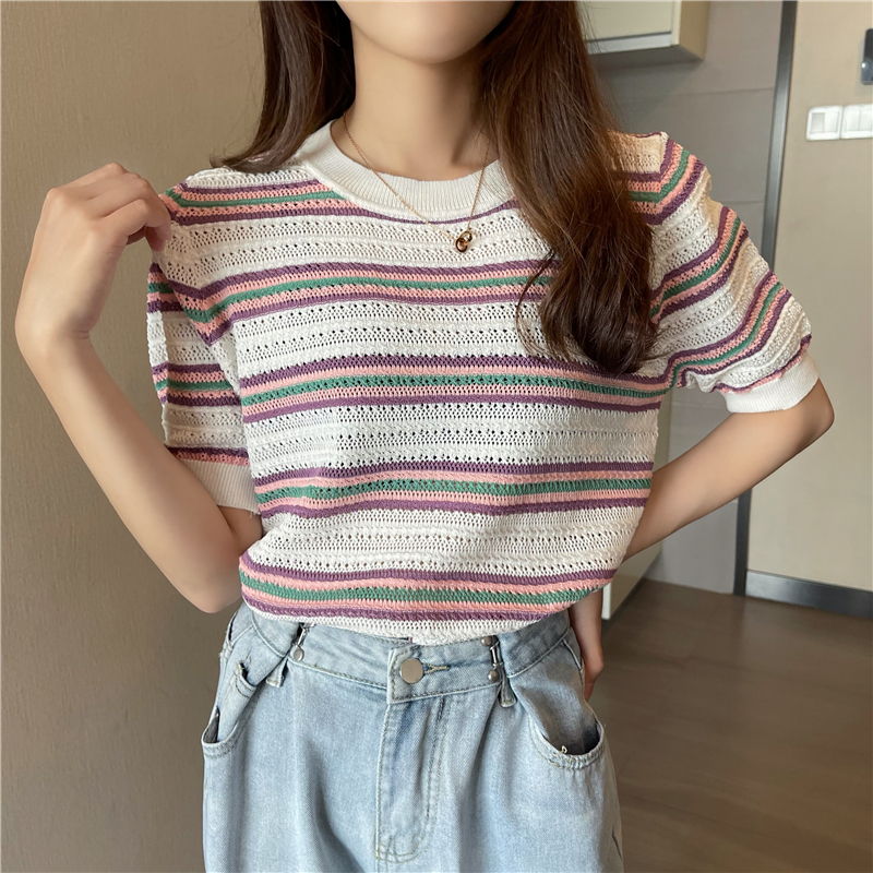 Real price retro foreign style purple Department versatile round neck stripe hollow slim short sleeve sweater blouse women