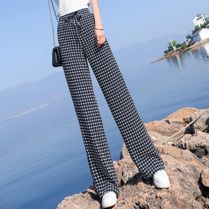 Ice silk black and white plaid wide leg pants women's summer Chiffon loose straight tube high waist hanging feeling thin casual pants thin style