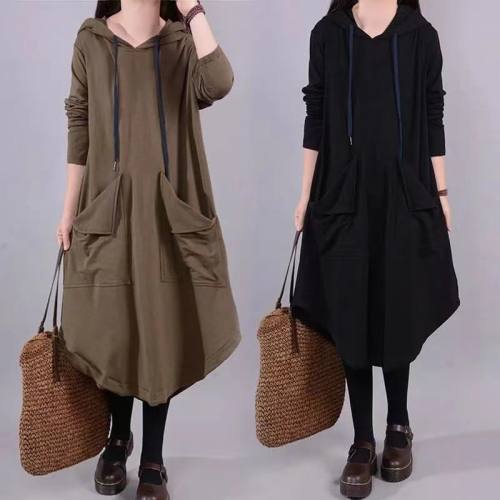 Autumn new large size women's loose literary and artistic mid-length large pockets knee-covering belly hooded dress