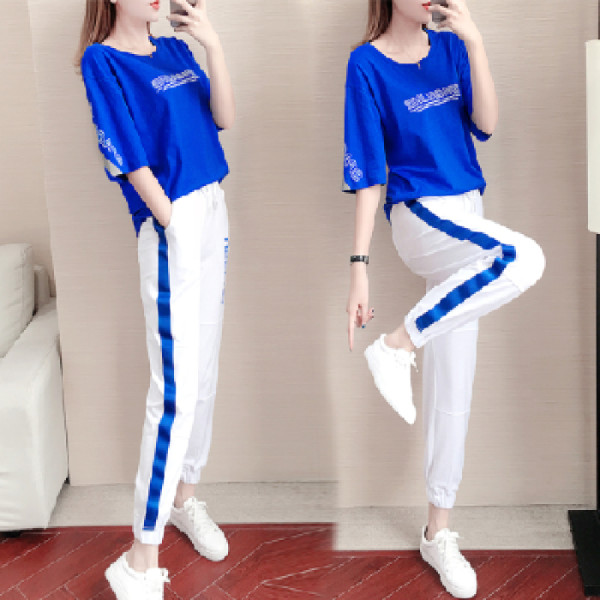 Sportswear women's summer new fashion trend loose short sleeve foreign style blue leisure running two piece set