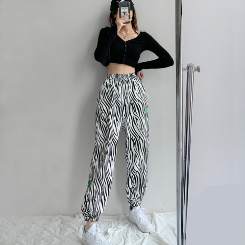 Guantu ins retro zebra sports pants women's high waist loose legged pants elastic waist casual pants