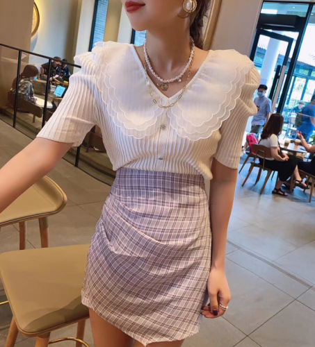 Summer 2020 new style retro mesh baby collar stitching knitted jacket with versatile style bubble Short Sleeve T