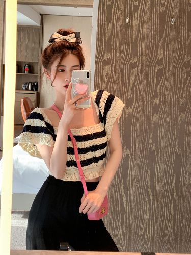 Big C comes also striped knitted short-sleeved top women's summer 2022 new Korean style foreign style net red hollow shirt