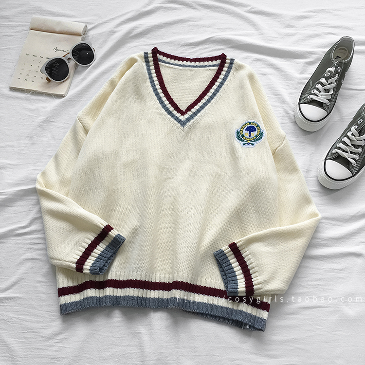 Japanese college style autumn and winter all-match v-neck pullover loose lazy style long-sleeved knitted