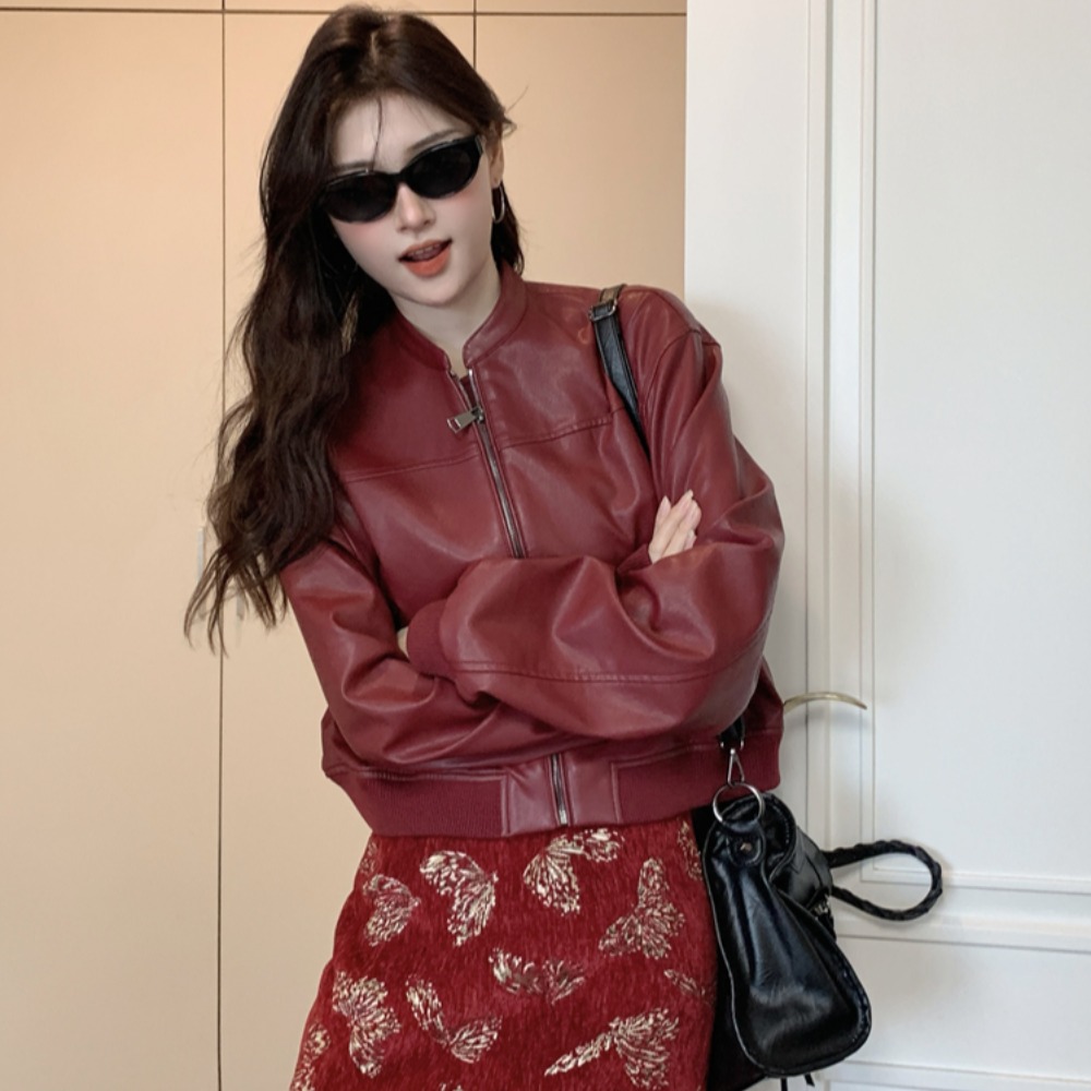 Ankora red pu leather jacket for women autumn 2024 new style American retro zipper motorcycle jacket top