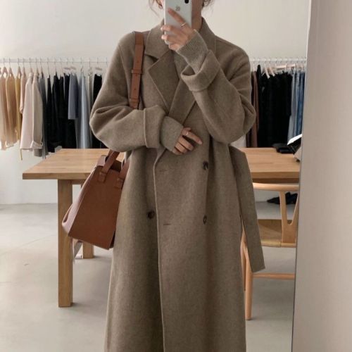 Korean chic double breasted long woolen coat