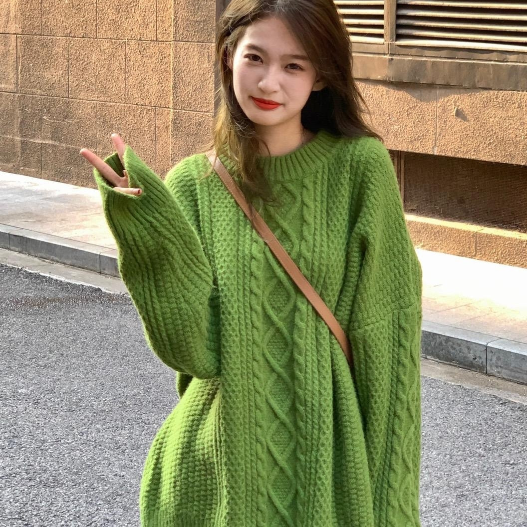 Green twist sweater women's new 2022 autumn and winter lazy style loose pullover mid-length knitted outer wear