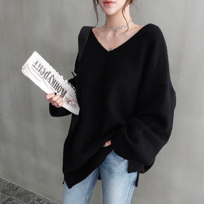 Autumn and winter loose lazy wind Pullover medium long V-Neck Sweater bottomed long sleeve cashmere sweater women