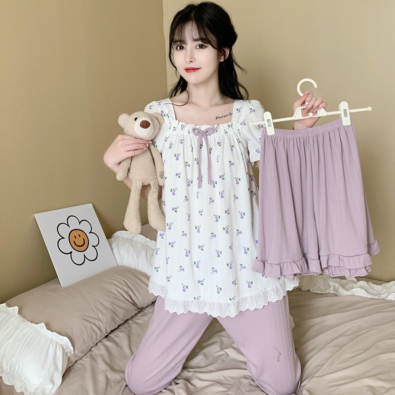 Real shooting pajamas three piece summer short sleeve pants shorts knitted cotton spring and autumn cotton home clothes suit thin princess style