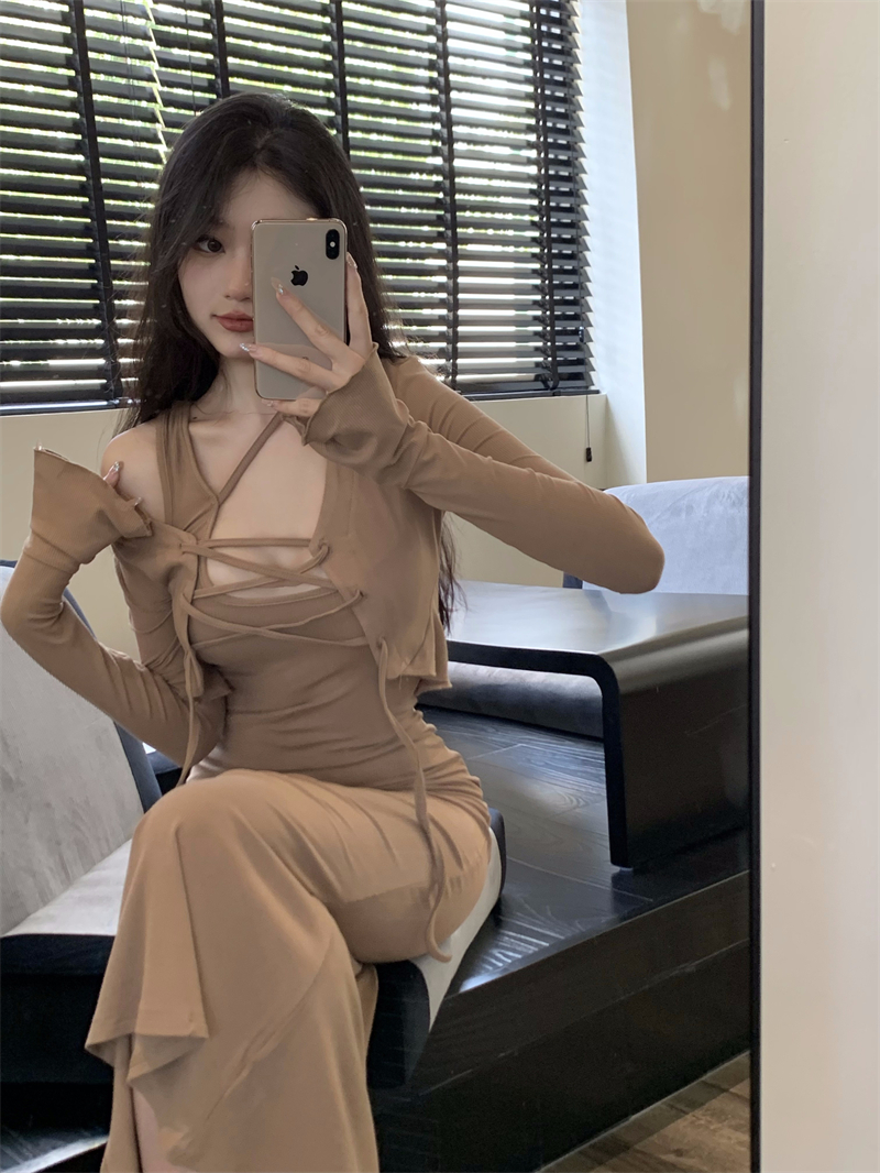 Real price temperament fishtail vest suspender dress cardigan top two-piece set high-grade feeling suit skirt