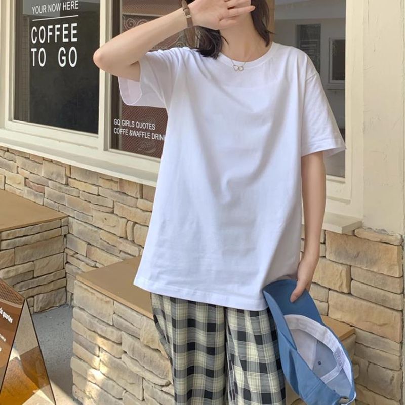 Summer solid color basic loose mid-length T-shirt for women Korean fashion slim breathable top half-sleeved shirt