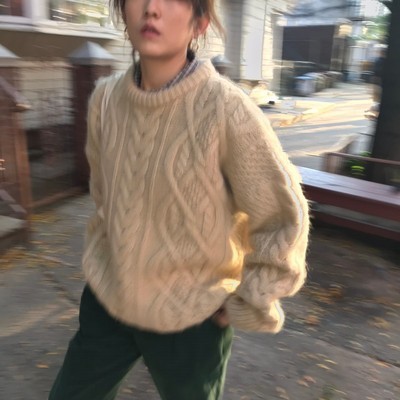Autumn winter Korean ins women's loose retro hemp mohair sweater crew neck Pullover thick sweater coat