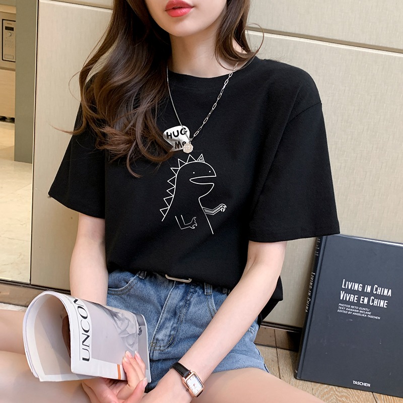 Real shot pure cotton short sleeve T-shirt women's clothing summer 2022 regular basic printed round neck loose top