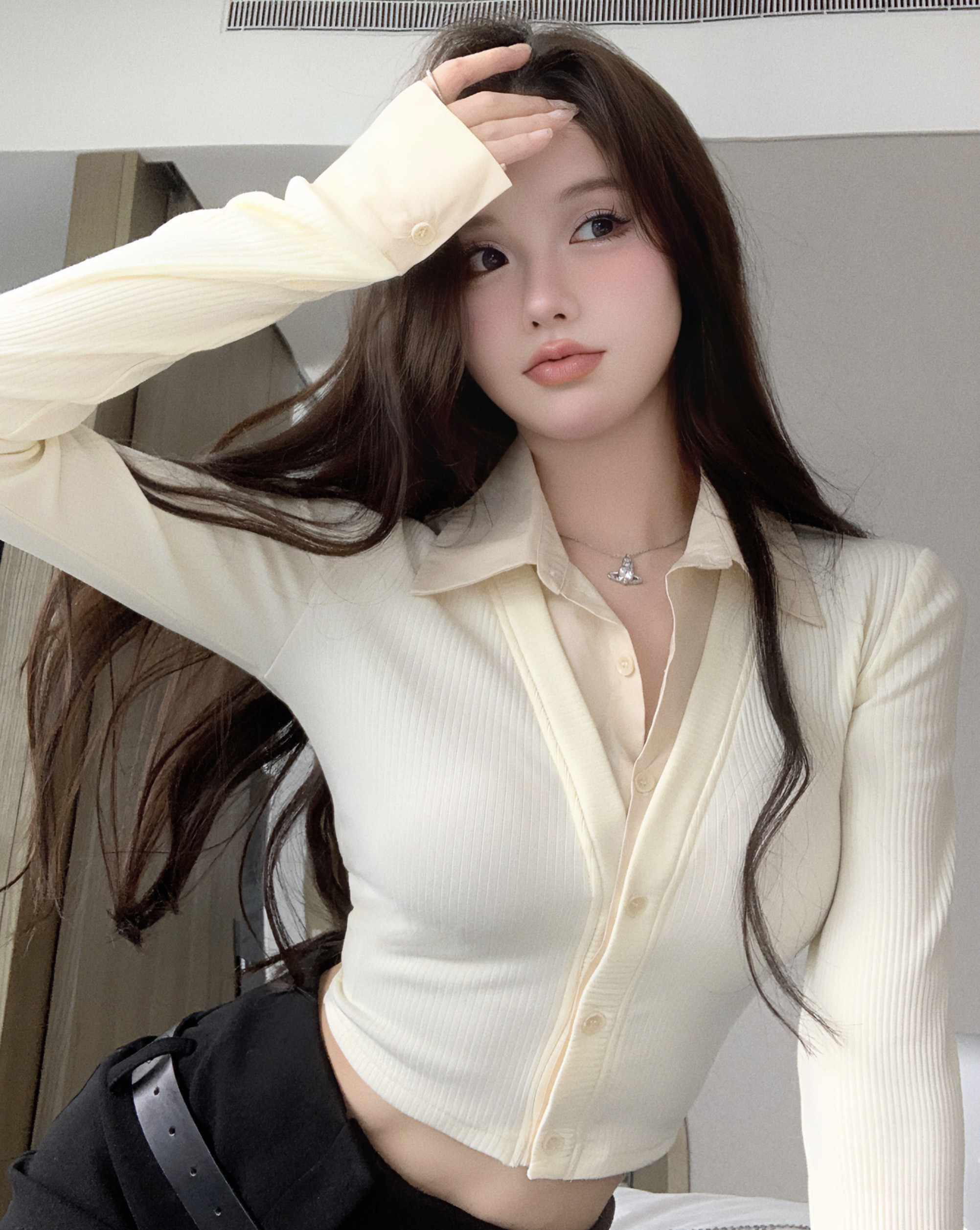 Real price Lapel knitted cardigan jacket women's autumn and winter splicing slim short fake two-piece top